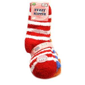 Weitzner Cozy Fuzzy Slipper Socks Red Blue Orange Stripe 3 Pair Size 9-11